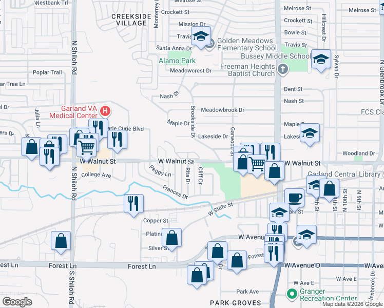 map of restaurants, bars, coffee shops, grocery stores, and more near 1807 West Walnut Street in Garland