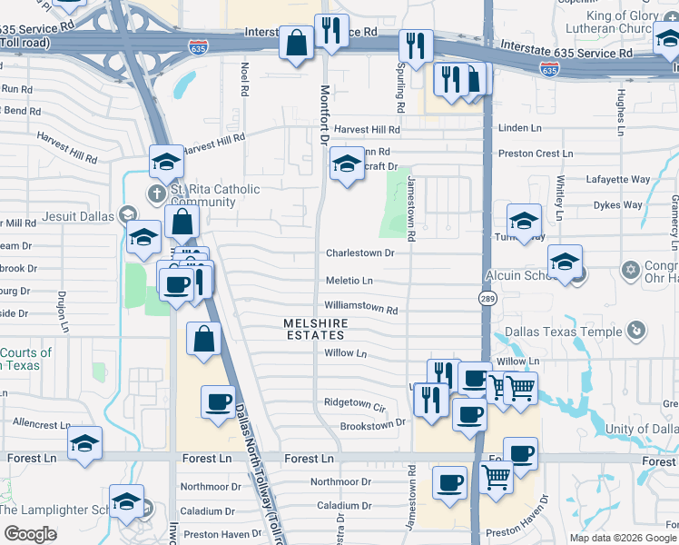 map of restaurants, bars, coffee shops, grocery stores, and more near 5740 Charlestown Drive in Dallas