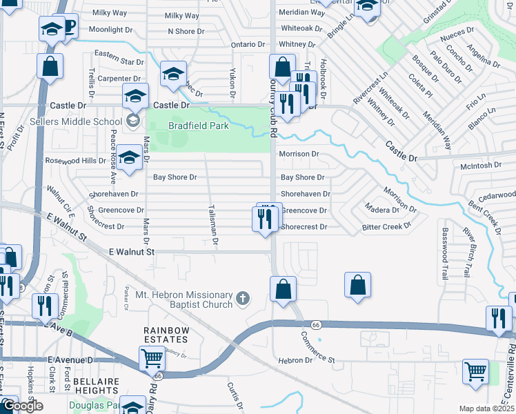 map of restaurants, bars, coffee shops, grocery stores, and more near 1309 Greencove Drive in Garland
