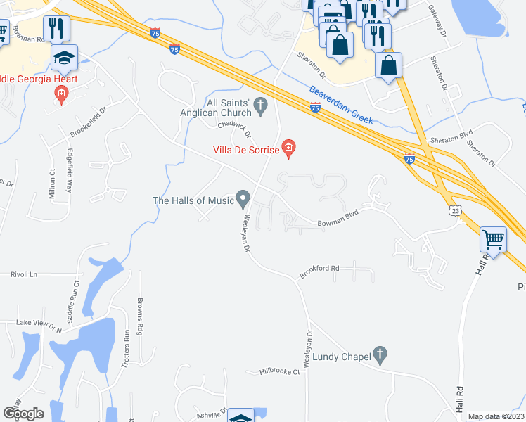 map of restaurants, bars, coffee shops, grocery stores, and more near 1633 Wesleyan Drive in Macon