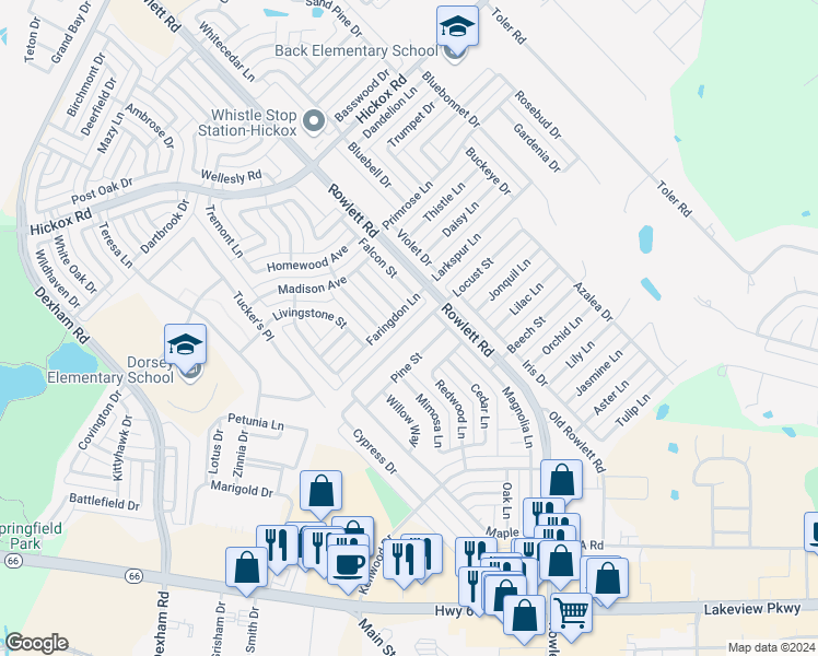 map of restaurants, bars, coffee shops, grocery stores, and more near 6321 Locust Street in Rowlett
