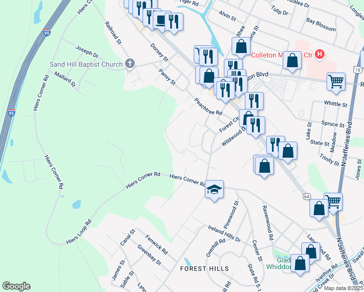 map of restaurants, bars, coffee shops, grocery stores, and more near 504 Forest Circle in Walterboro