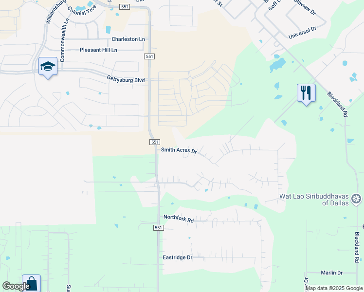 map of restaurants, bars, coffee shops, grocery stores, and more near 1 Smith Drive in Royse City