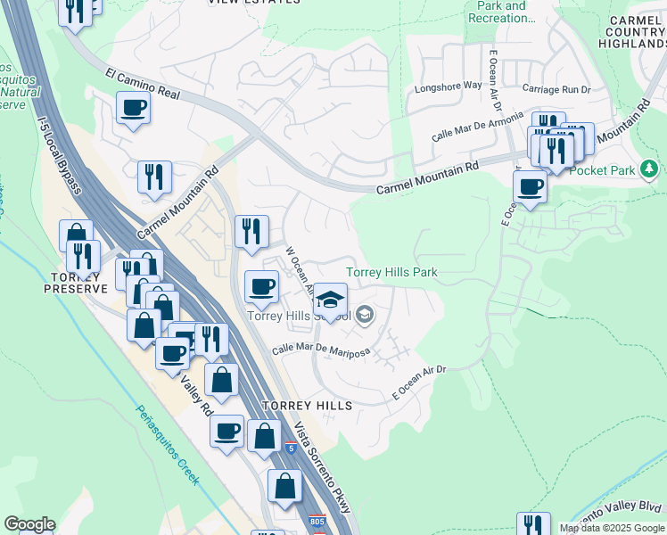 map of restaurants, bars, coffee shops, grocery stores, and more near 4123 Via Mar De Delfinas in San Diego