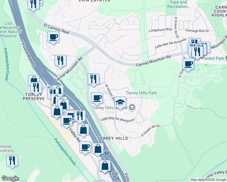 map of restaurants, bars, coffee shops, grocery stores, and more near 11072 West Ocean Air Drive in San Diego