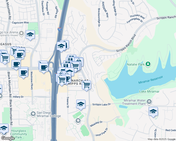 map of restaurants, bars, coffee shops, grocery stores, and more near 11547 Miro Circle in San Diego