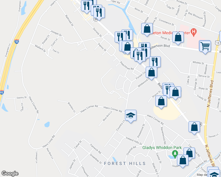map of restaurants, bars, coffee shops, grocery stores, and more near 504 Forest Circle in Walterboro