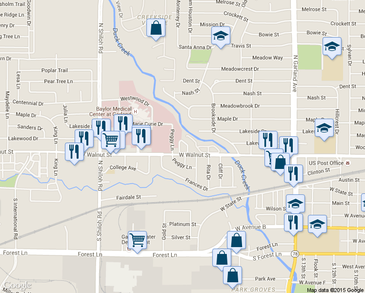map of restaurants, bars, coffee shops, grocery stores, and more near 2231 Peggy Lane in Garland