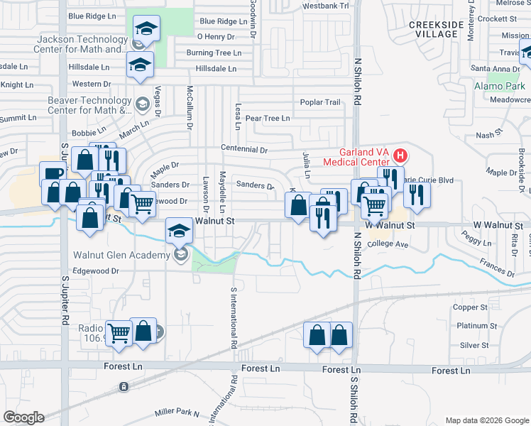 map of restaurants, bars, coffee shops, grocery stores, and more near 2806 Lakewood Drive in Garland
