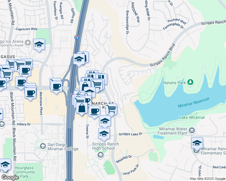 map of restaurants, bars, coffee shops, grocery stores, and more near 11033 Scripps Ranch Boulevard in San Diego