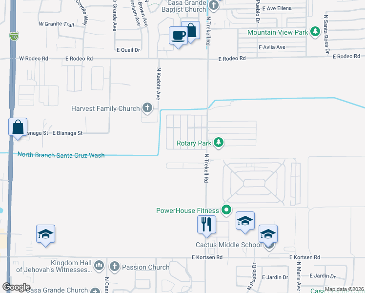 map of restaurants, bars, coffee shops, grocery stores, and more near 2205 North Trekell Road in Casa Grande