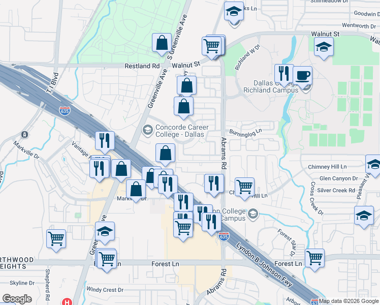 map of restaurants, bars, coffee shops, grocery stores, and more near 9428 Amberton Parkway in Dallas