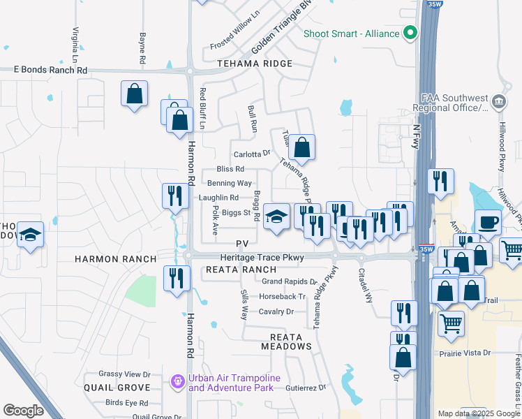 map of restaurants, bars, coffee shops, grocery stores, and more near 9716 Bragg Road in Fort Worth
