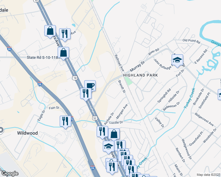 map of restaurants, bars, coffee shops, grocery stores, and more near 1950 Hanahan Road in North Charleston