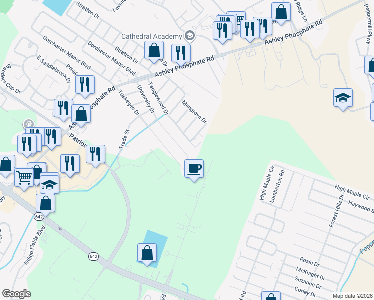 map of restaurants, bars, coffee shops, grocery stores, and more near 451 University Drive in North Charleston