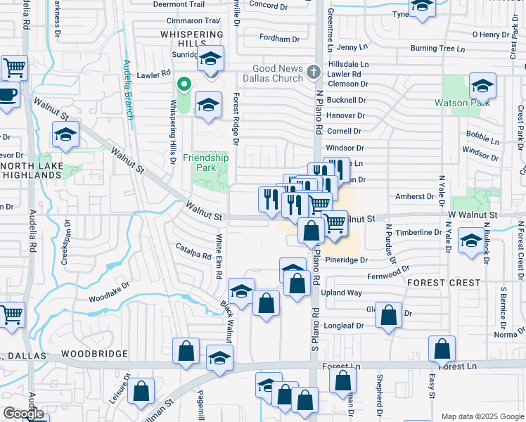map of restaurants, bars, coffee shops, grocery stores, and more near 4661 West Walnut Street in Garland