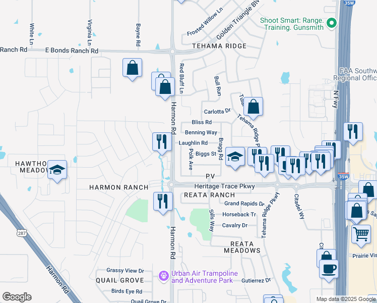 map of restaurants, bars, coffee shops, grocery stores, and more near 9728 Manassas Road in Fort Worth