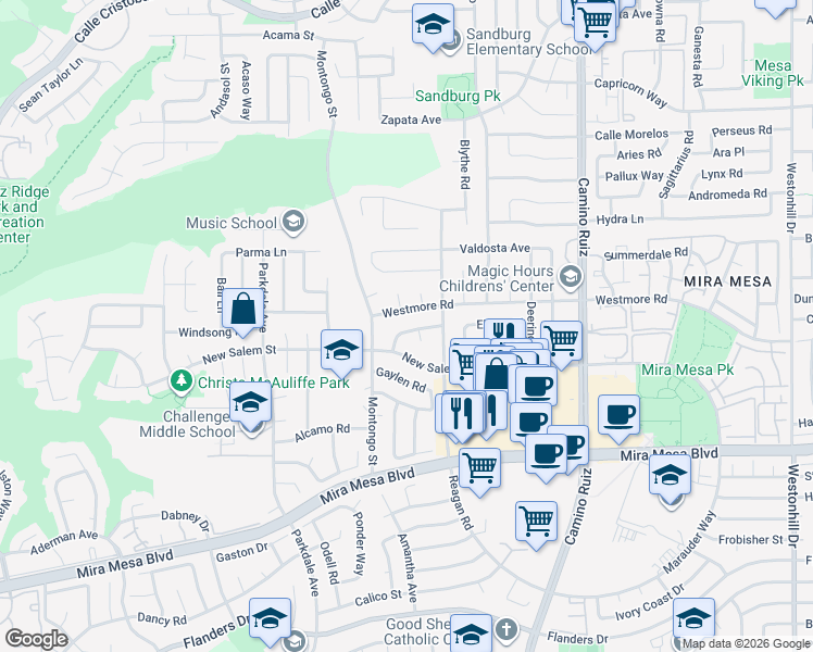 map of restaurants, bars, coffee shops, grocery stores, and more near 7976 Glenda Way in San Diego