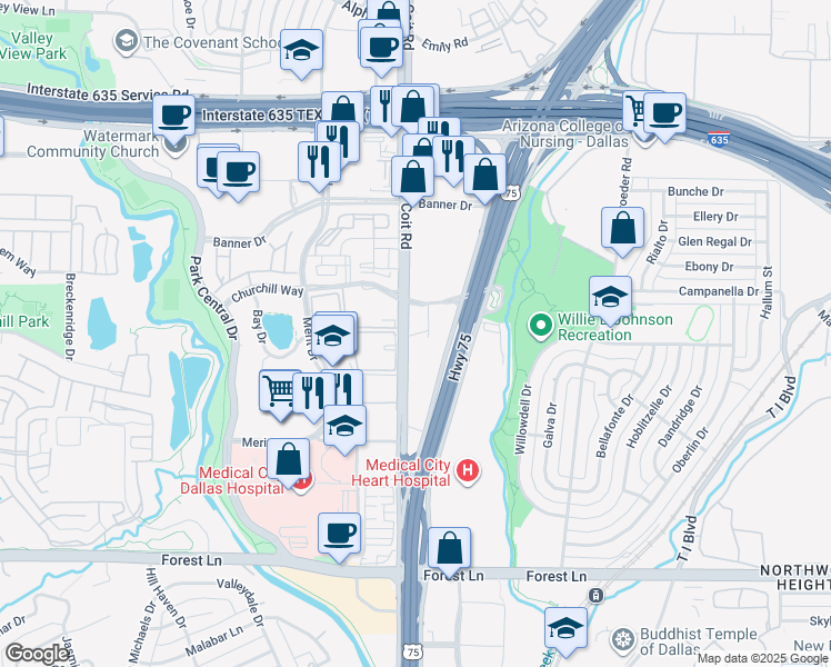 map of restaurants, bars, coffee shops, grocery stores, and more near 12400 Coit Road in Dallas