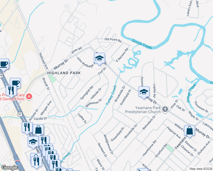 map of restaurants, bars, coffee shops, grocery stores, and more near 1211 Hillside Drive in Hanahan