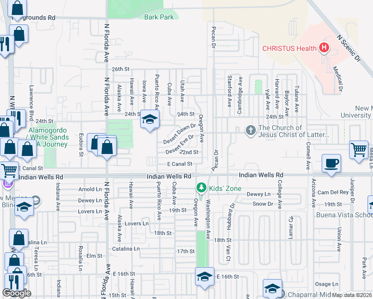 map of restaurants, bars, coffee shops, grocery stores, and more near 1314 Desert Eve Drive in Alamogordo