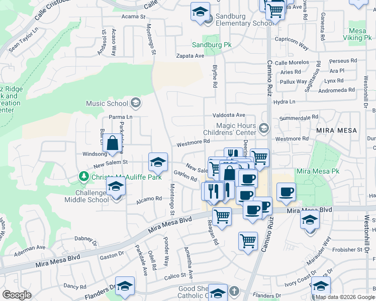 map of restaurants, bars, coffee shops, grocery stores, and more near 7940 Westmore Road in San Diego