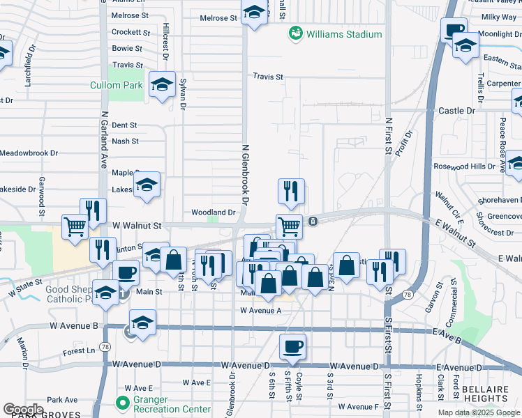 map of restaurants, bars, coffee shops, grocery stores, and more near 675 West Walnut Street in Garland