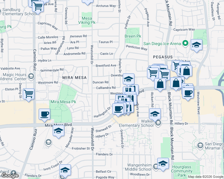 map of restaurants, bars, coffee shops, grocery stores, and more near 8932 Calliandra Road in San Diego