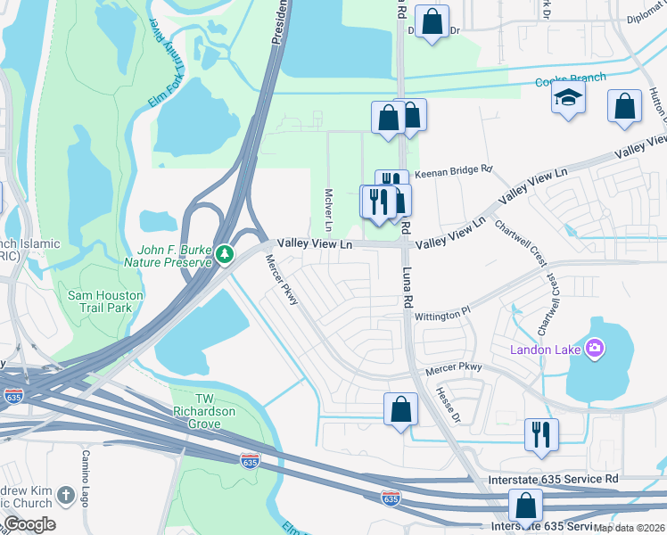map of restaurants, bars, coffee shops, grocery stores, and more near 12780 Camden Place in Farmers Branch
