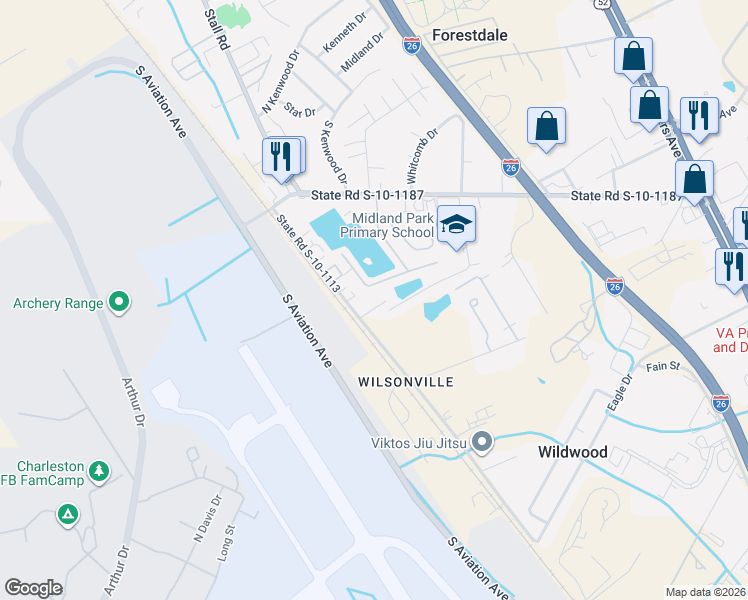 map of restaurants, bars, coffee shops, grocery stores, and more near Nazarene St in North Charleston