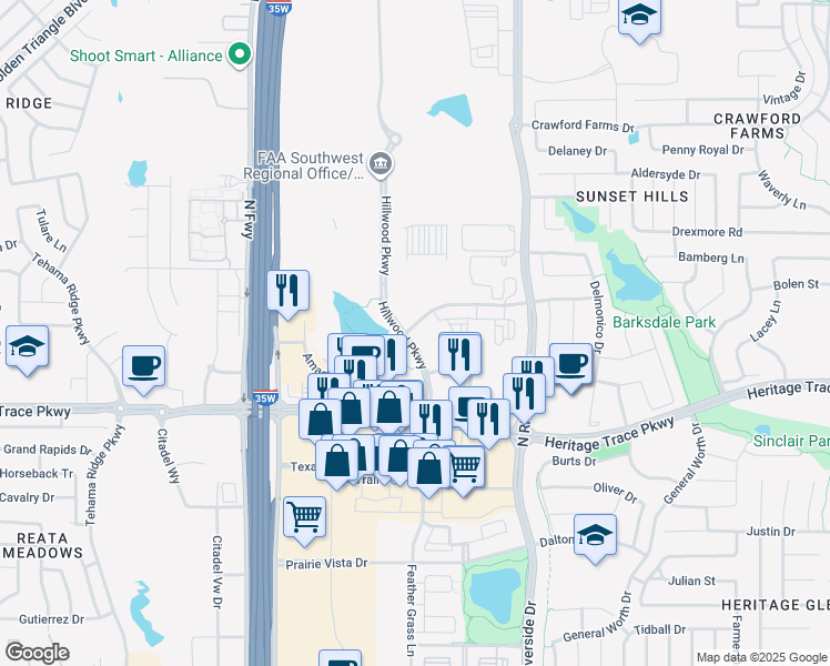 map of restaurants, bars, coffee shops, grocery stores, and more near 3202 Amador Drive in Fort Worth
