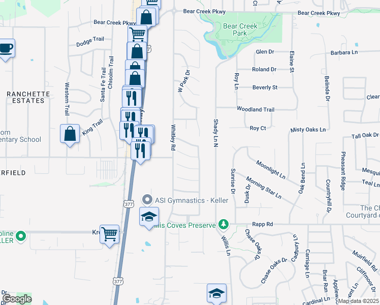 map of restaurants, bars, coffee shops, grocery stores, and more near 212 Flanigan Hill Drive in Keller