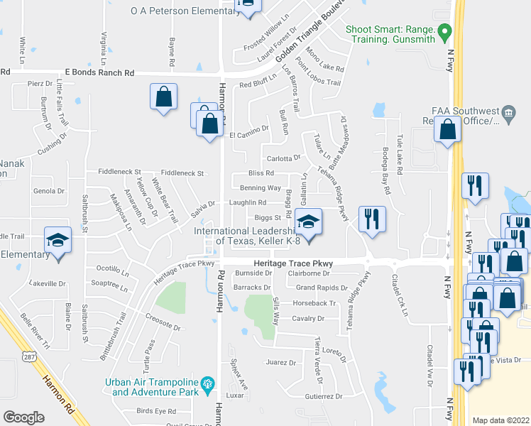 map of restaurants, bars, coffee shops, grocery stores, and more near 2125 Biggs Street in Fort Worth