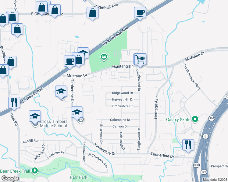 map of restaurants, bars, coffee shops, grocery stores, and more near 2917 Cresthaven Drive in Grapevine