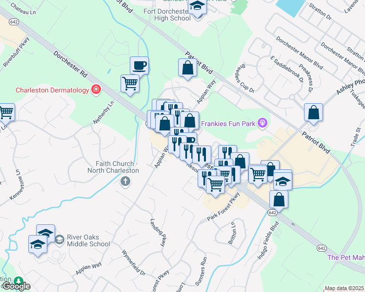 map of restaurants, bars, coffee shops, grocery stores, and more near Dorchester Road in North Charleston