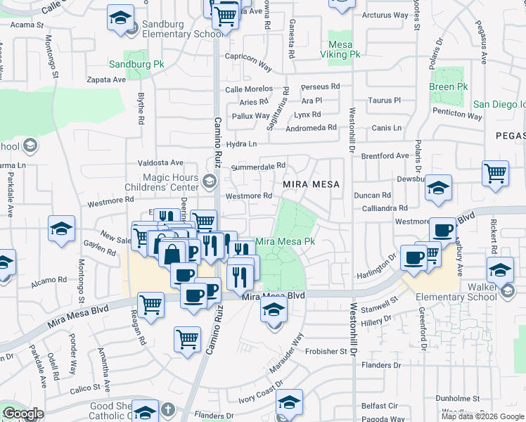 map of restaurants, bars, coffee shops, grocery stores, and more near 8461 Westmore Road in San Diego