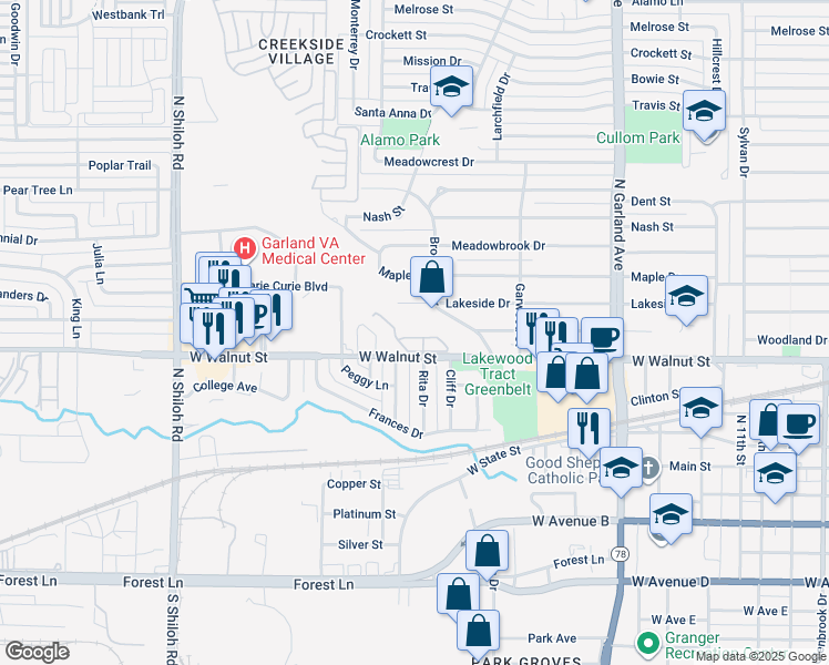 map of restaurants, bars, coffee shops, grocery stores, and more near 1600 Lakeside Drive in Garland