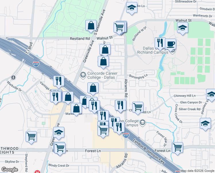 map of restaurants, bars, coffee shops, grocery stores, and more near 9428 Amberton Parkway in Dallas