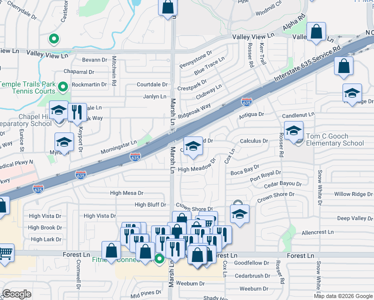 map of restaurants, bars, coffee shops, grocery stores, and more near 12329 Cedar Bend Drive in Dallas