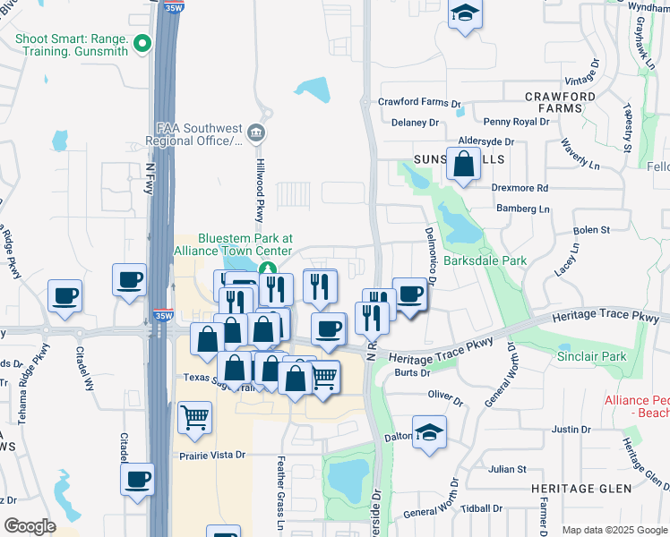 map of restaurants, bars, coffee shops, grocery stores, and more near 3325 Calera Trail in Fort Worth