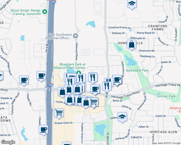 map of restaurants, bars, coffee shops, grocery stores, and more near 3325 Calera Trail in Fort Worth