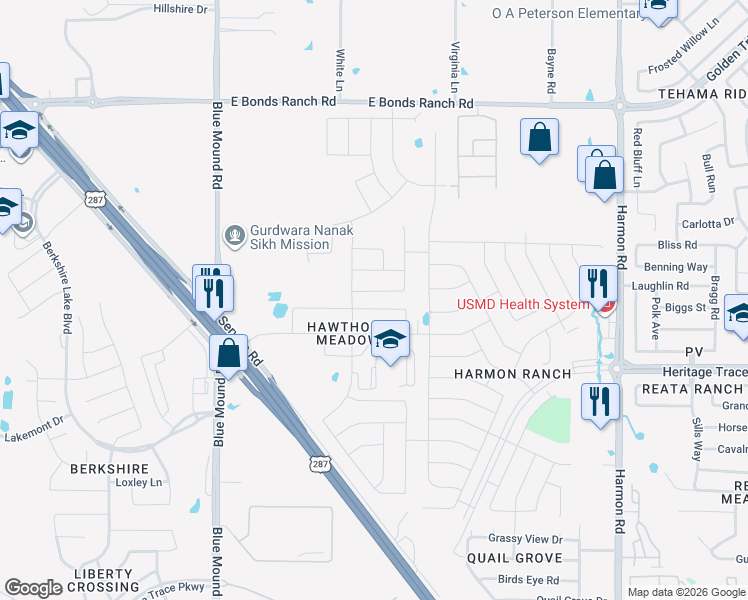 map of restaurants, bars, coffee shops, grocery stores, and more near 1109 Metaline Trail in Fort Worth
