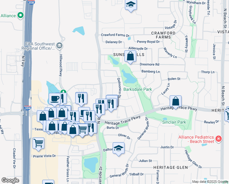 map of restaurants, bars, coffee shops, grocery stores, and more near 9732 Hathman Lane in Fort Worth