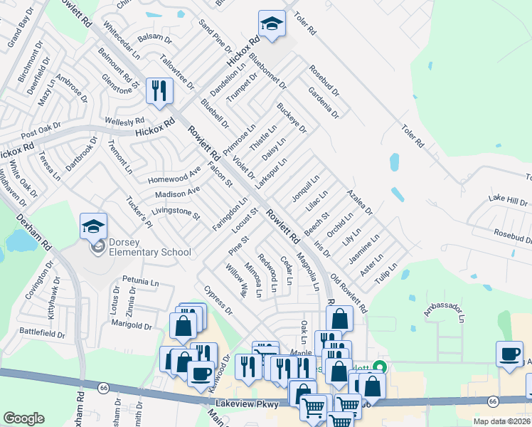 map of restaurants, bars, coffee shops, grocery stores, and more near 6405 Rowlett Road in Rowlett