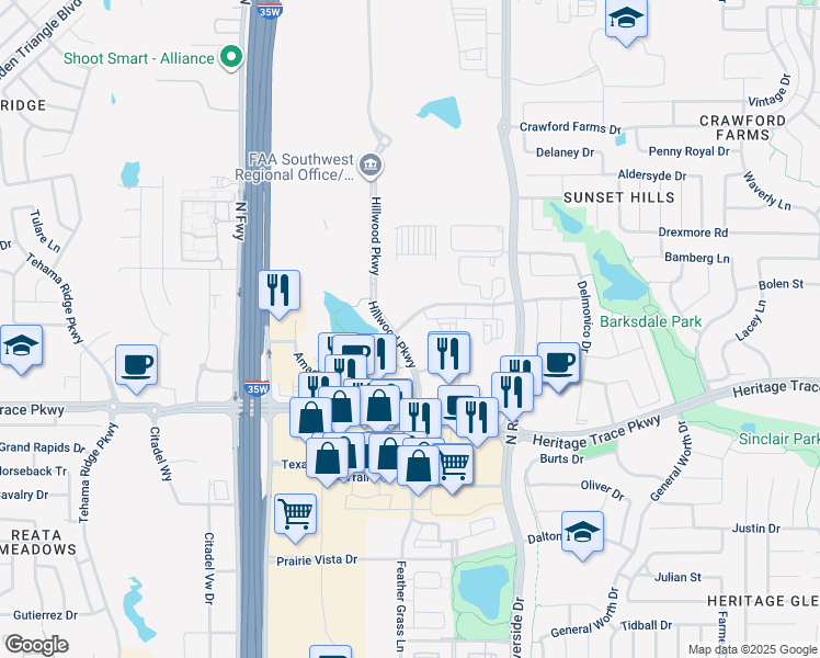 map of restaurants, bars, coffee shops, grocery stores, and more near 3350 Amador Drive in Fort Worth