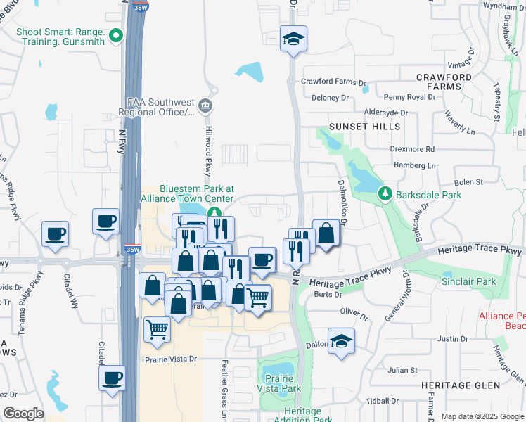 map of restaurants, bars, coffee shops, grocery stores, and more near 3332 Switchgrass Circle in Fort Worth