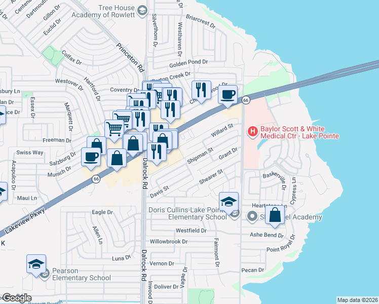 map of restaurants, bars, coffee shops, grocery stores, and more near 9205 Willard Street in Rowlett