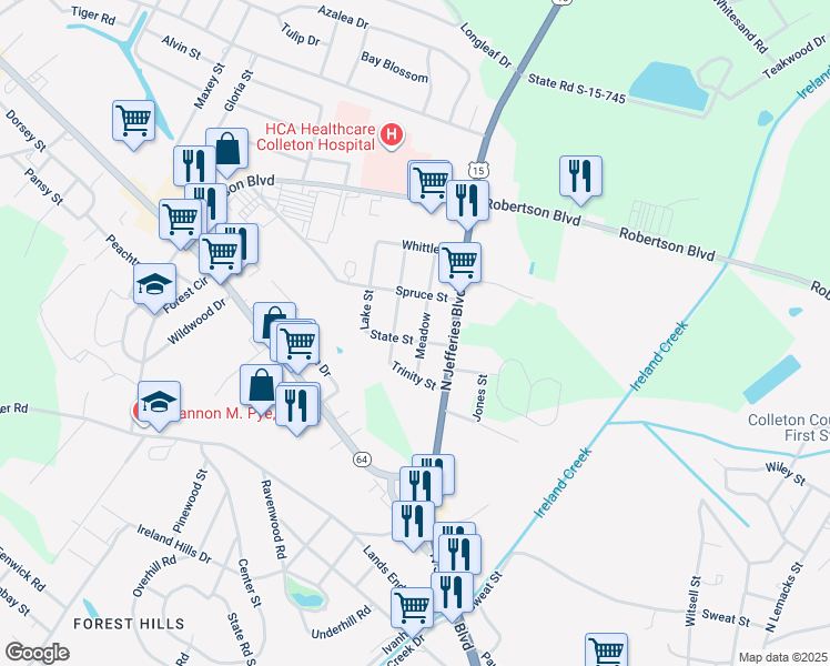 map of restaurants, bars, coffee shops, grocery stores, and more near 205 Meadow in Walterboro