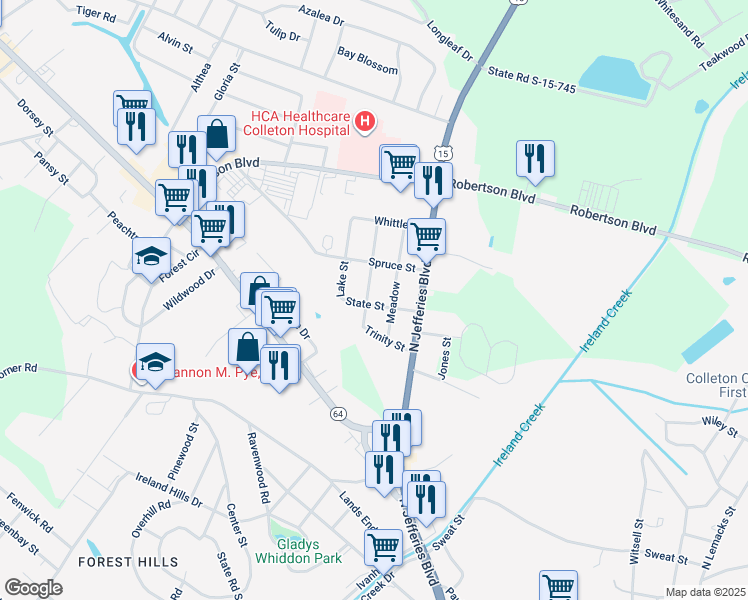 map of restaurants, bars, coffee shops, grocery stores, and more near 201 George Street in Walterboro
