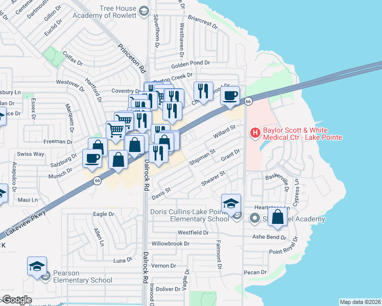 map of restaurants, bars, coffee shops, grocery stores, and more near 9205 Willard Street in Rowlett